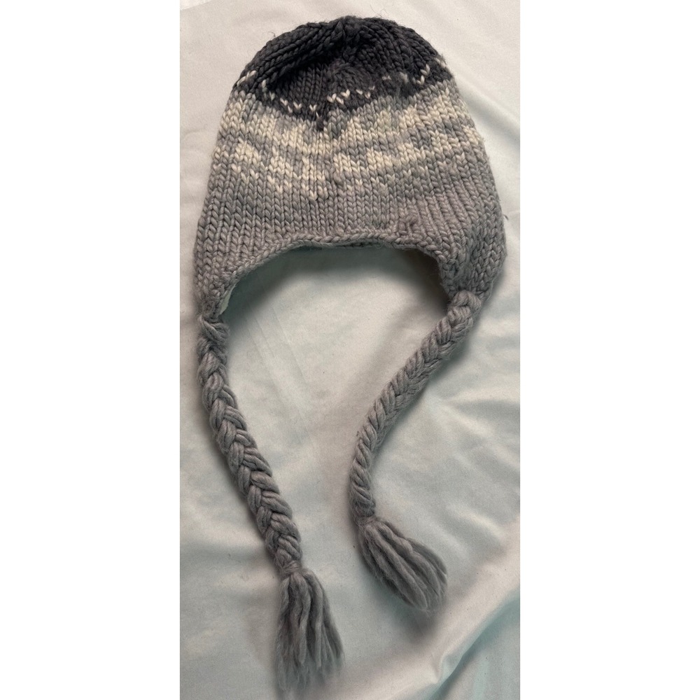 The North Face Grey Ombre Knit Trapper Hat Fleece Lined Braided Tassels Beanie - Picture 3 of 6